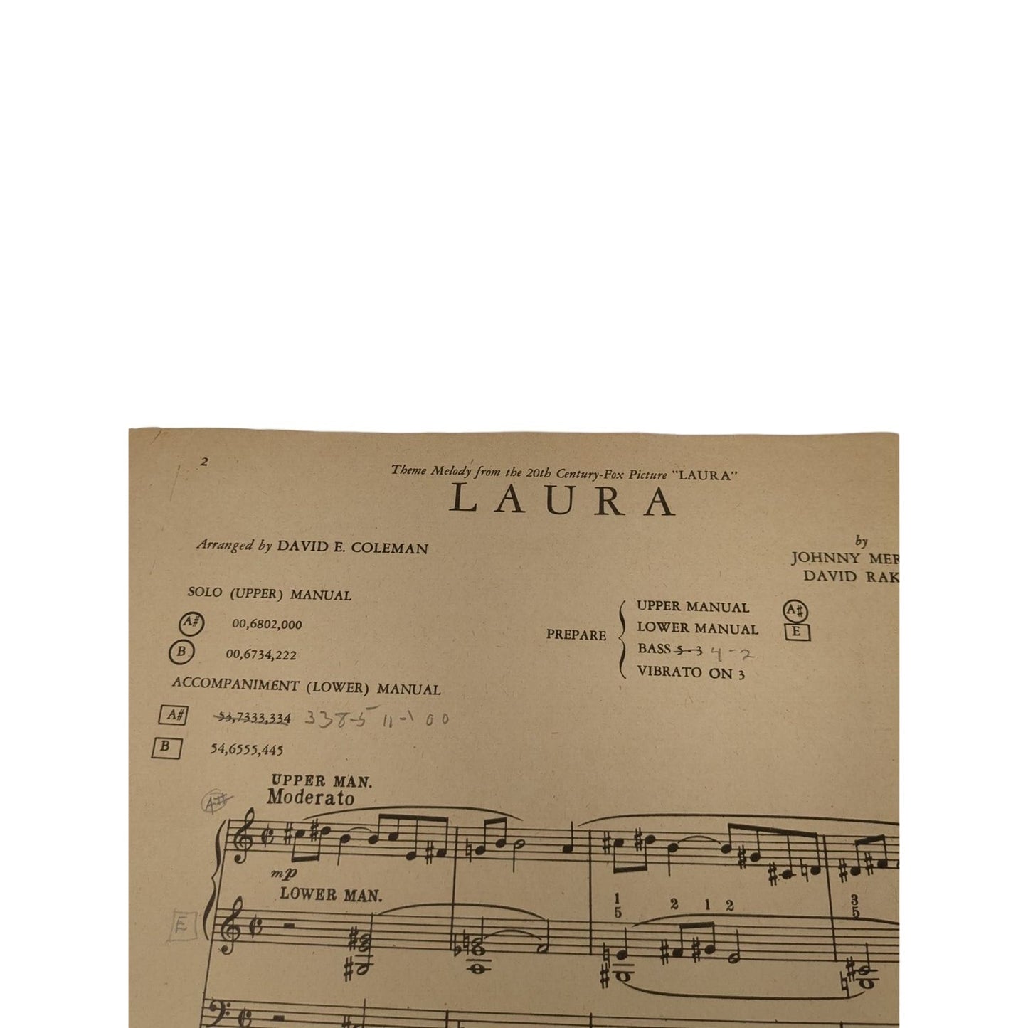 1945 Laura Sheet Music David Raksin Hammond and Pipe Organ Solos