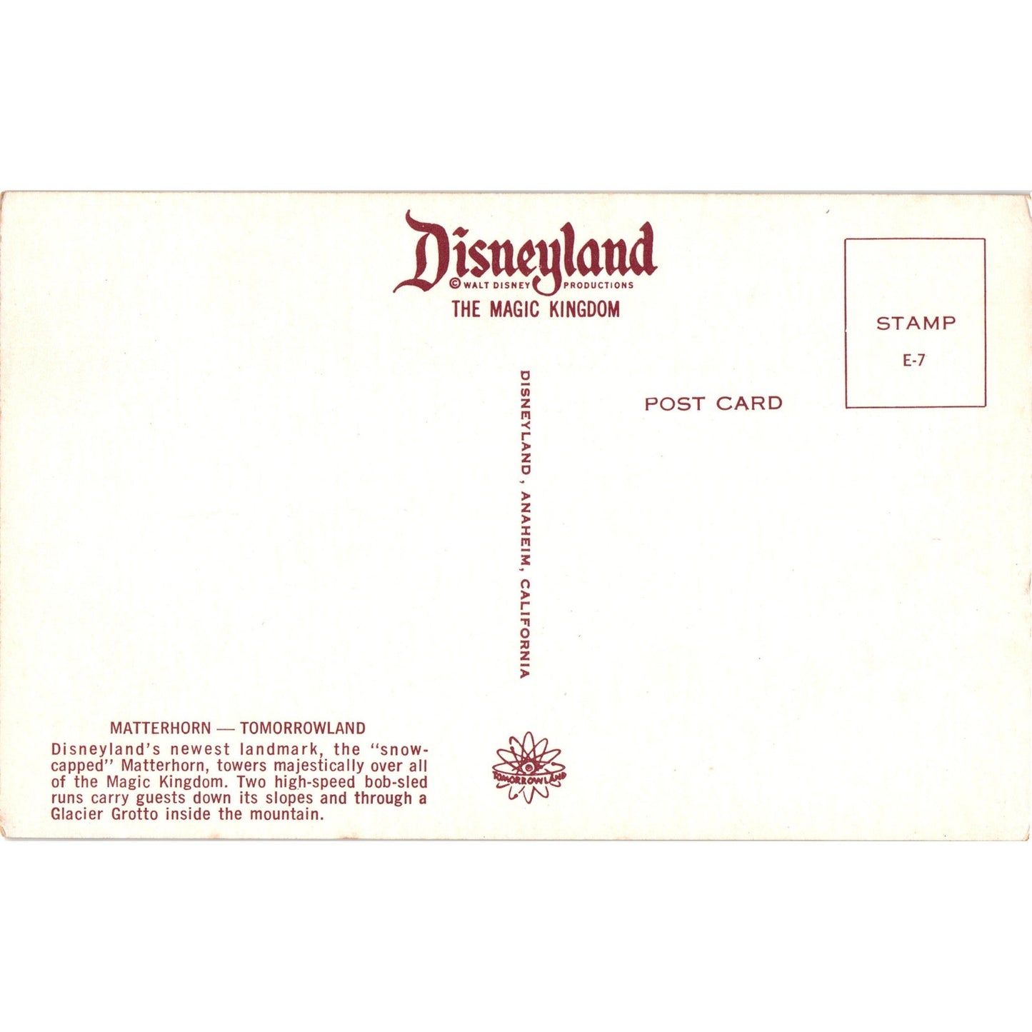 Matterhorn TomorrowLand Disneyland Magic Kingdom Postcard Unposted