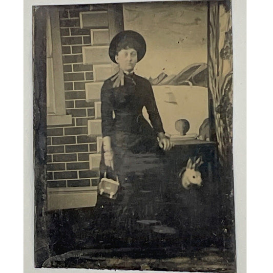 Woman with Hat Handbag  Small Donkey Tintype Photo Portrait Unusual