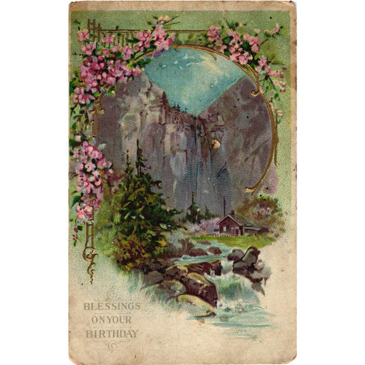 Birthday Blessings Floral Waterfall Scene Postcard Embossed Unposted Noted 1911