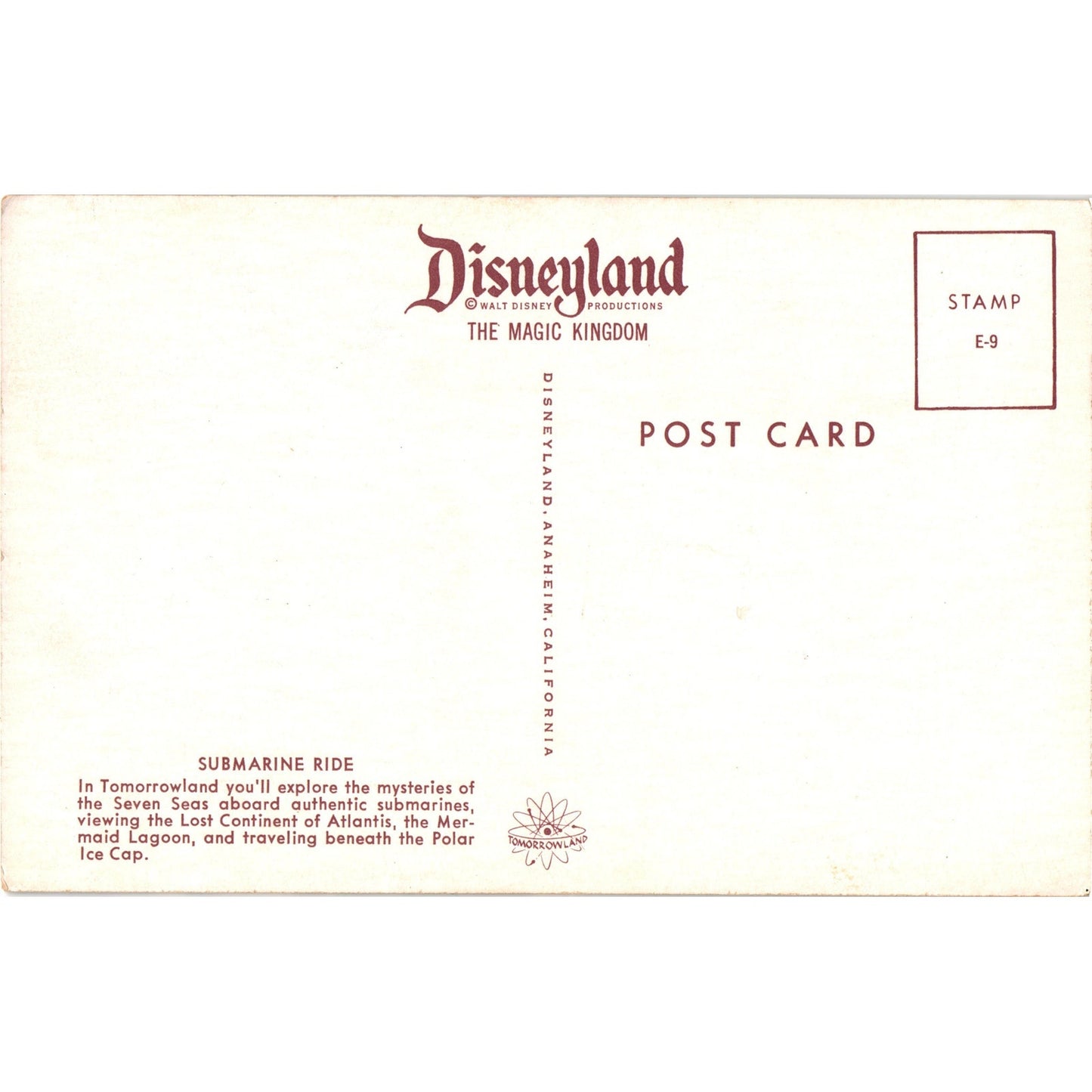 Submarine Ride Tomorrowland Disneyland Magic Kingdom Postcard Unposted