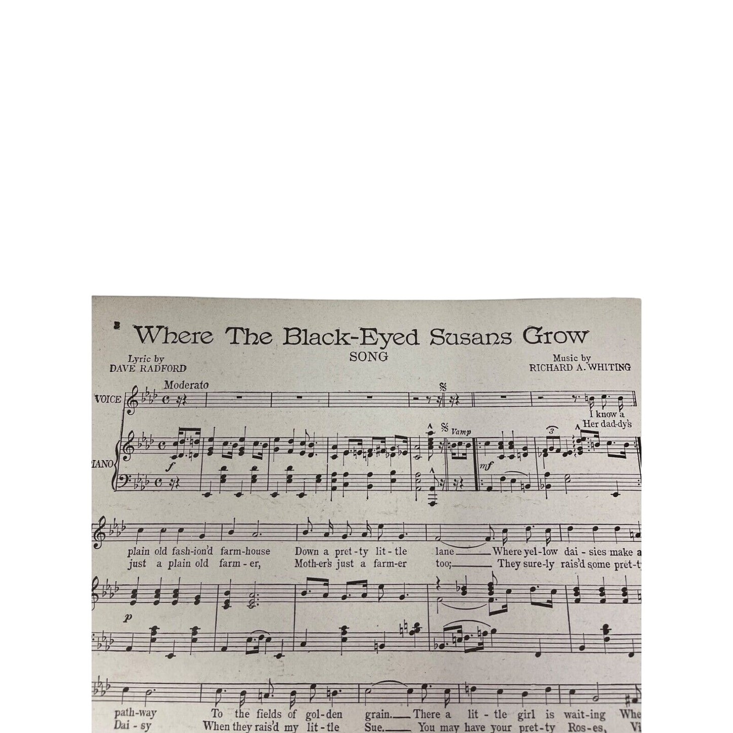1917 Where The Black eyed Susans Grow Sheet Music Dave Radford Richard Whiting