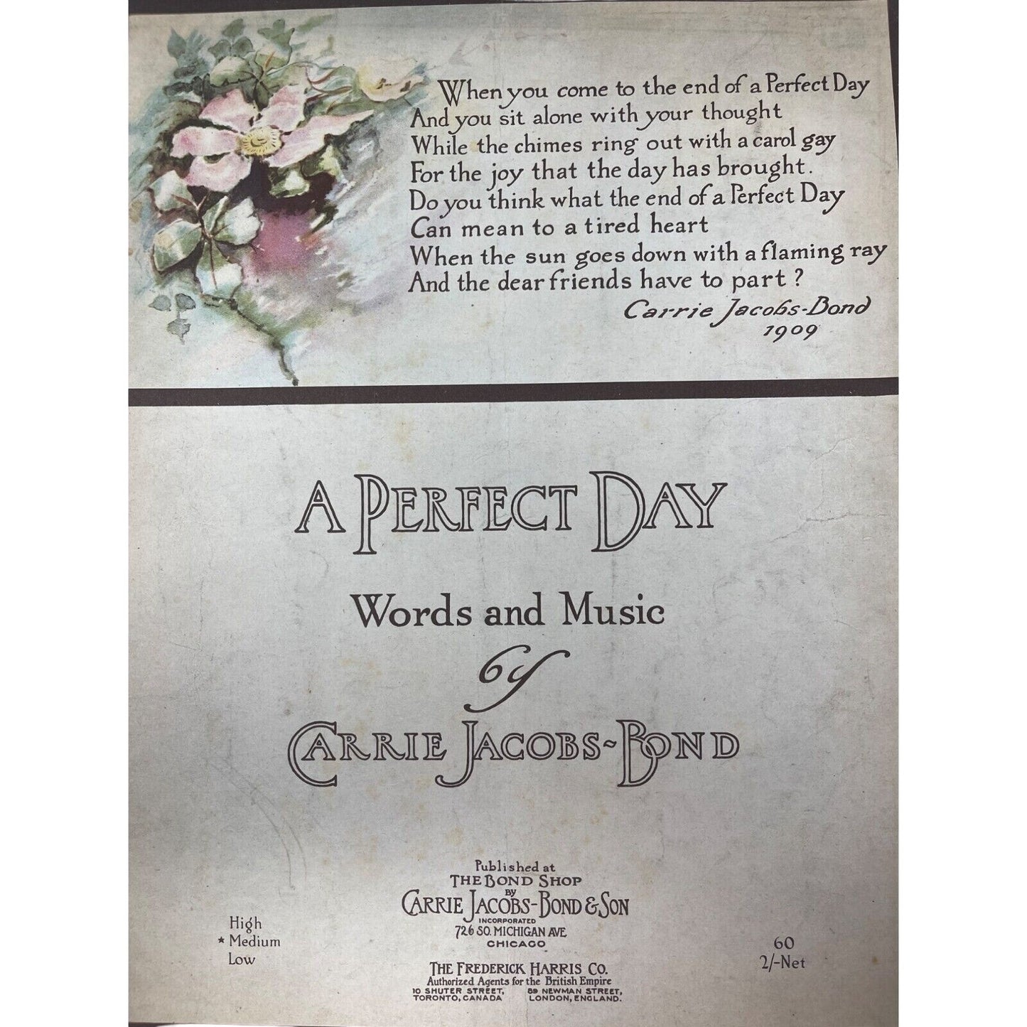 1910 A Perfect Day Sheet Music Carrie Jacobs Bond