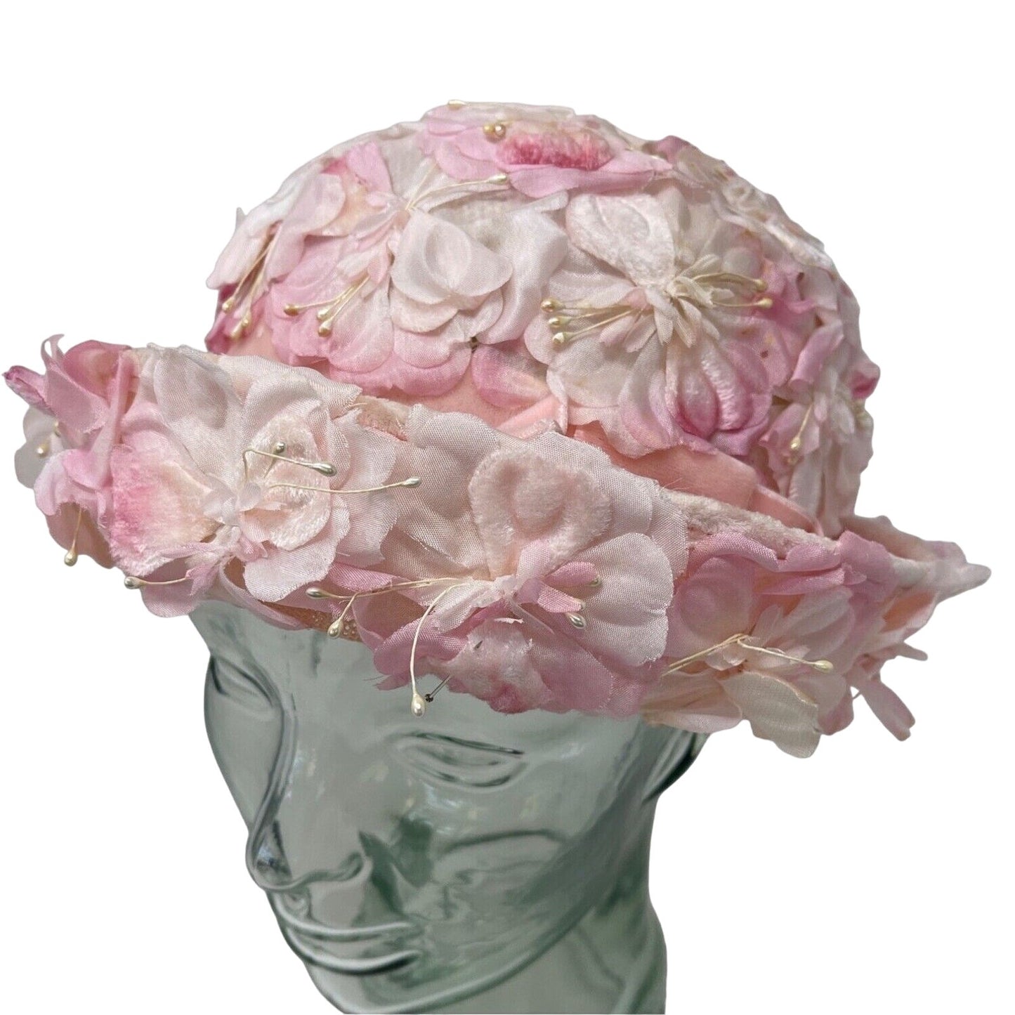 Pastel Pink Breton Hat Silk Floral Roller Pink Ribbon Band Granny Vintage 60s