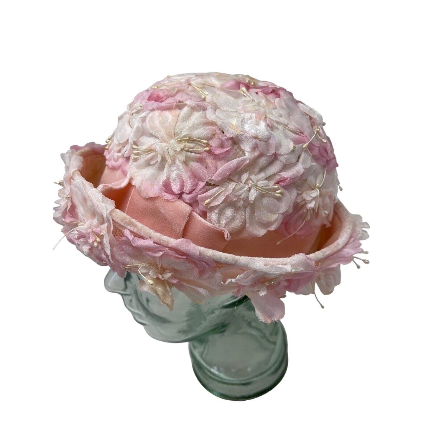 Pastel Pink Breton Hat Silk Floral Roller Pink Ribbon Band Granny Vintage 60s