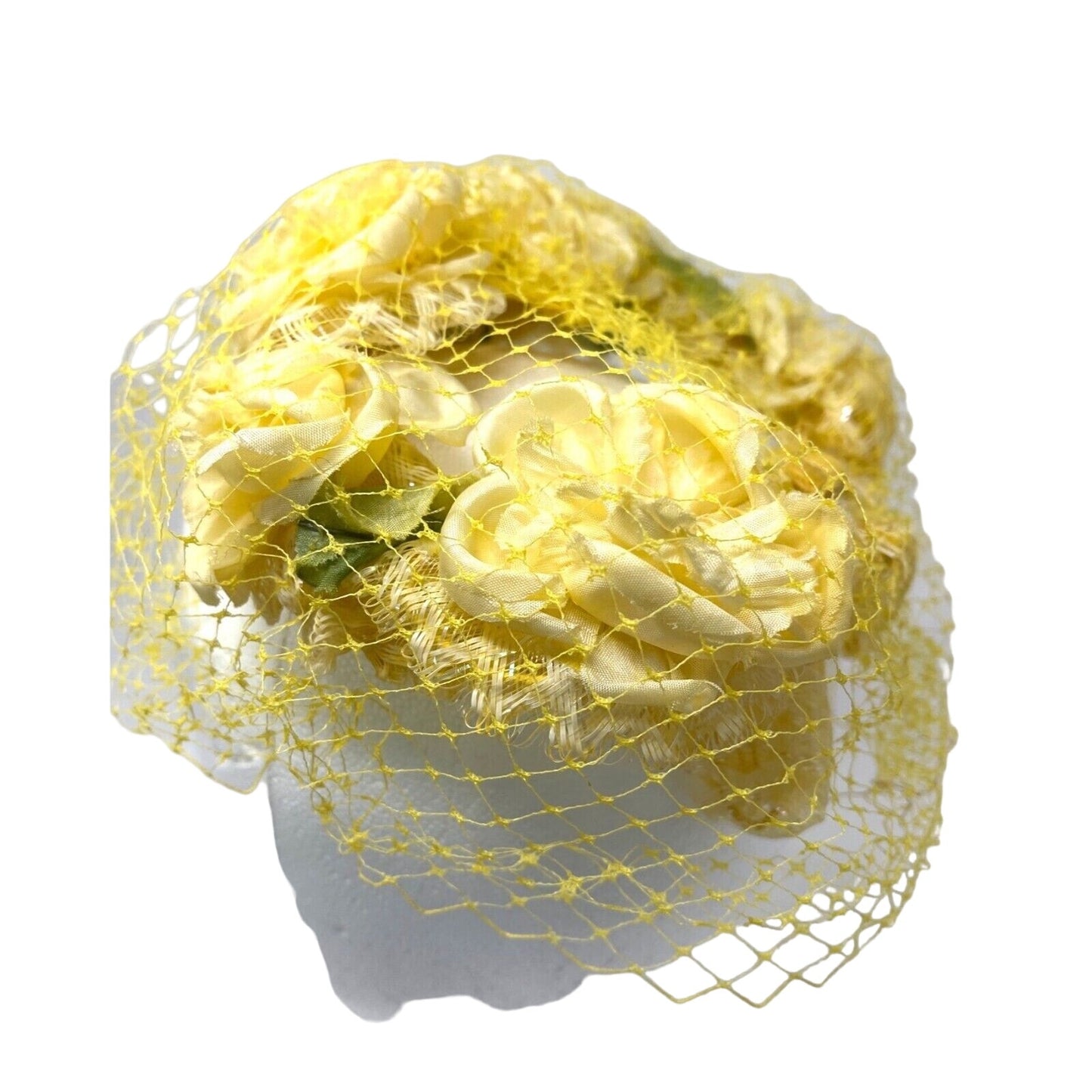 Yellow Silk Floral Hat Veiled Half Hat Fascinator Derby Vintage 50s 60s