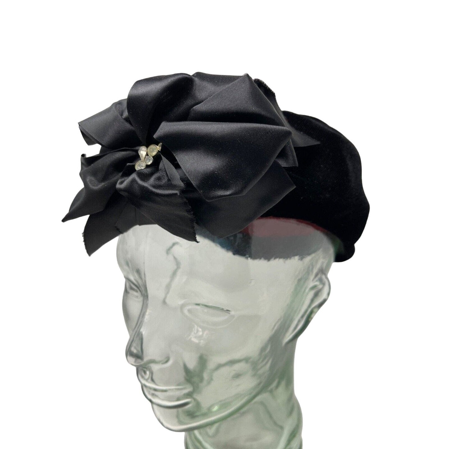 Velvet Satin Beret Exagerated Bow Front Hat Jeweled Detail Circa 40s 50s Vogue