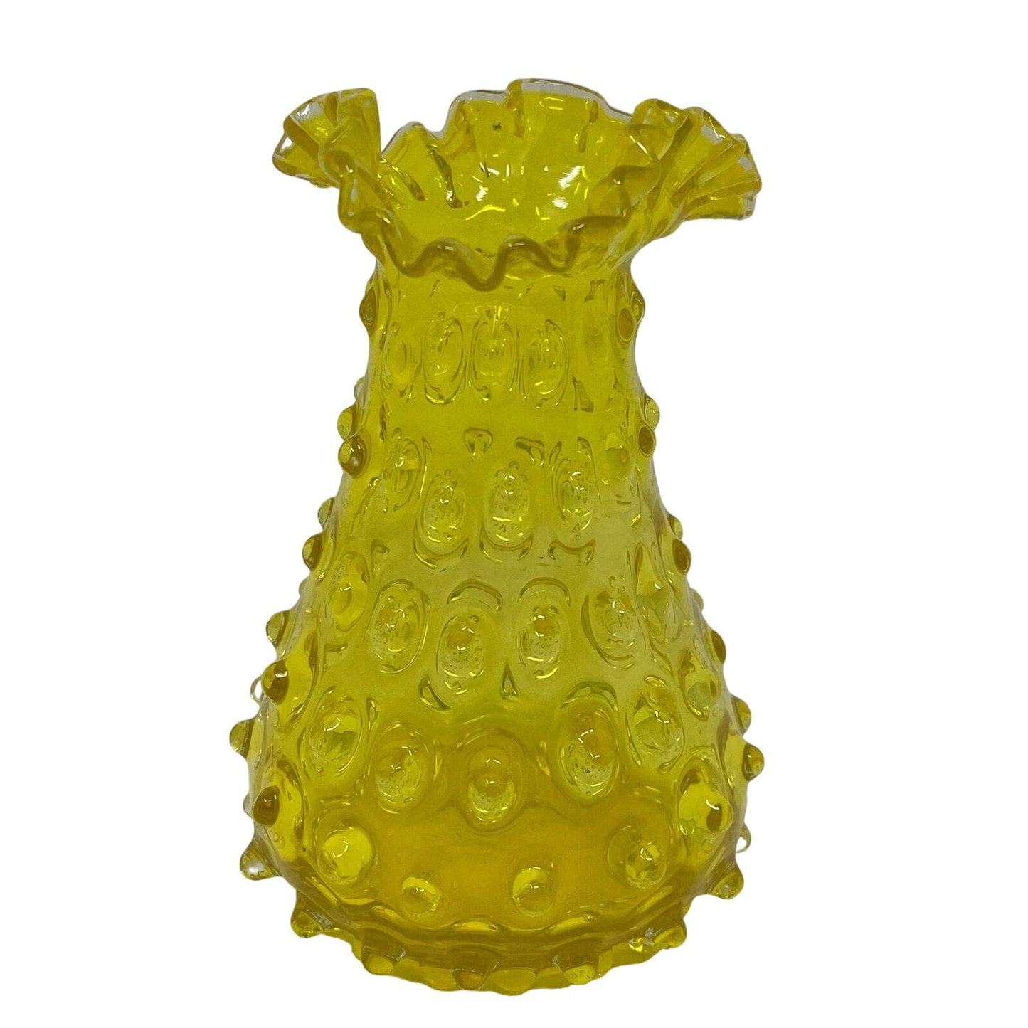 Hobnail Vase Canary Glass Fluted Ruffled Top Rim Vintage 60s