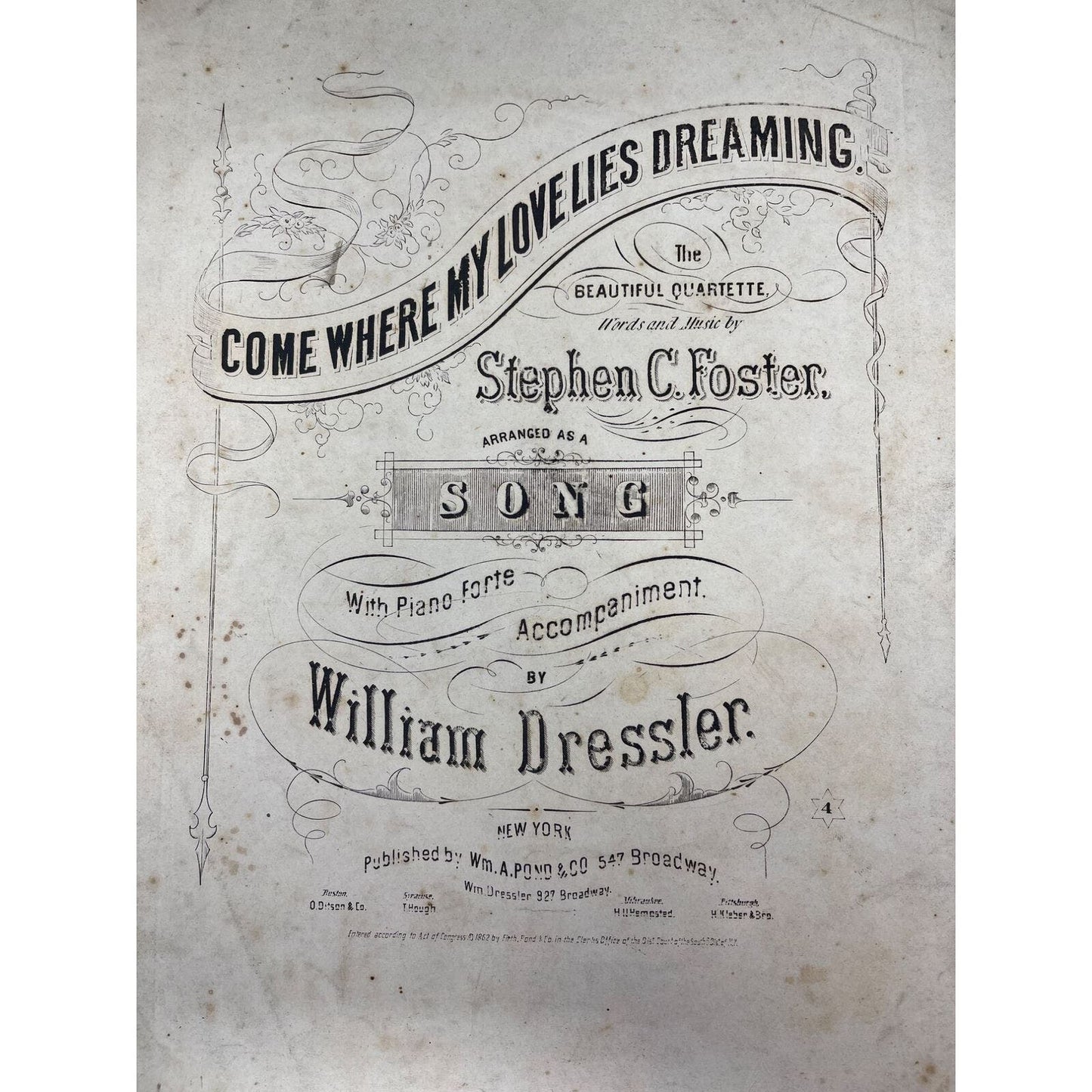 1862 Sheet Music Come Where My Love Lies Dreaming Stephan Foster Wm Dressler
