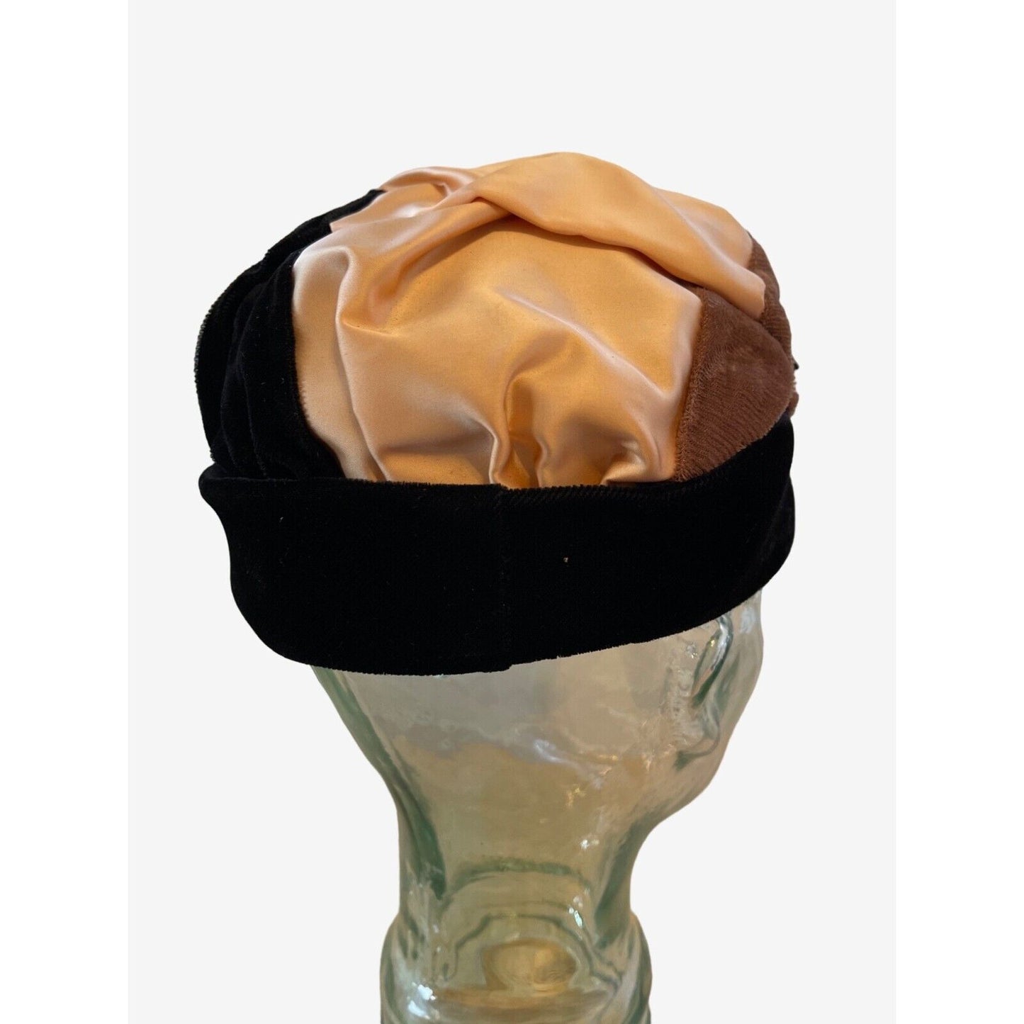 TriColor Bumper Toque Velvet Satin Hat Black Brown Beige MId Vintage 1950s