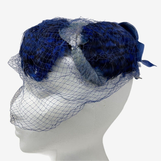 Blue Velvet Fascinator Feather Silk Leaf Caplet Half Hat Whimsy Vintage 50s 60s
