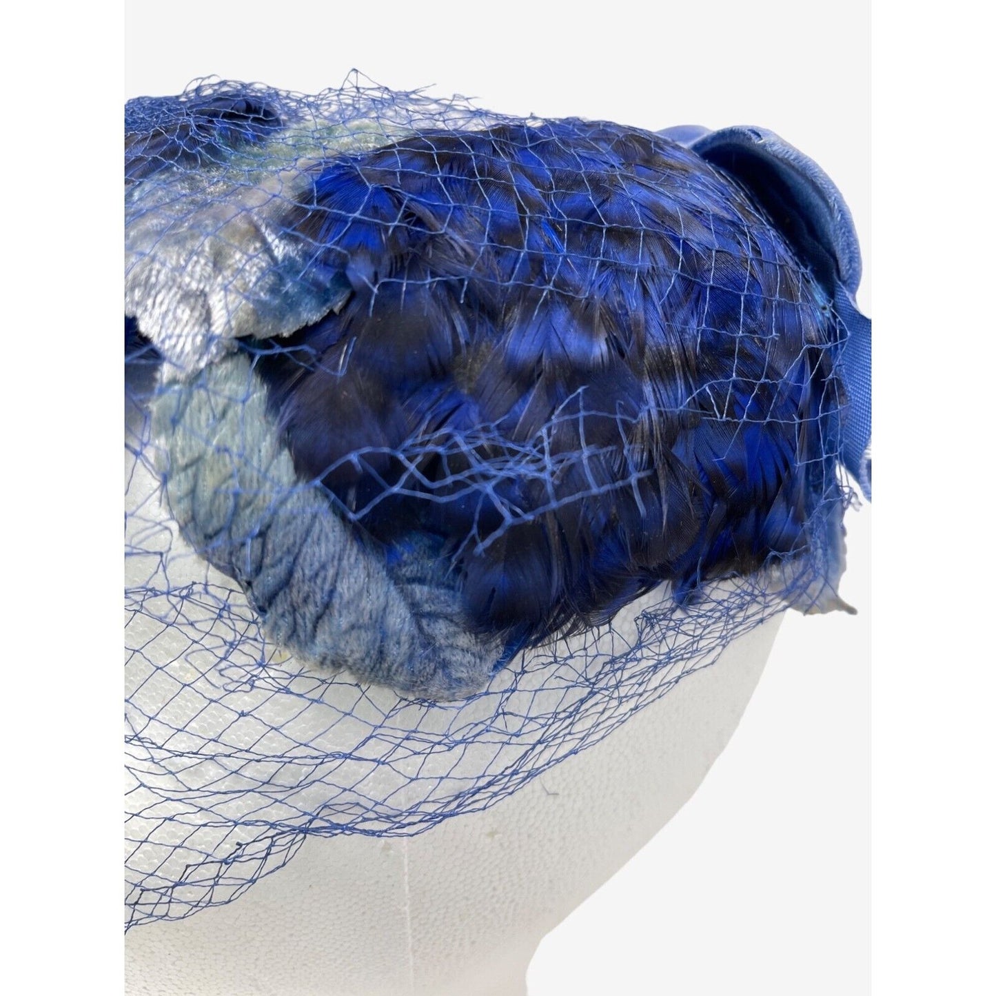 Blue Velvet Fascinator Feather Silk Leaf Caplet Half Hat Whimsy Vintage 50s 60s