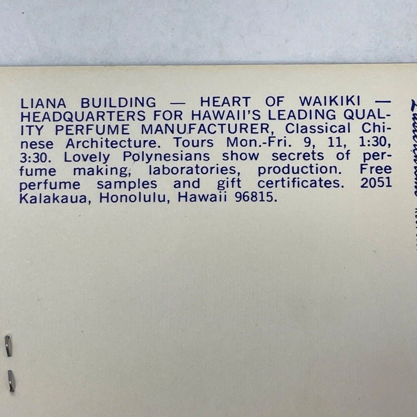 Liana of Waikiki Hawaii Postcard Blue Pearl Pearl Essence Sample