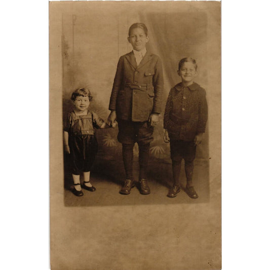 Vintage Real Picture Postcard Two Boys and Sister Sepia Unposted
