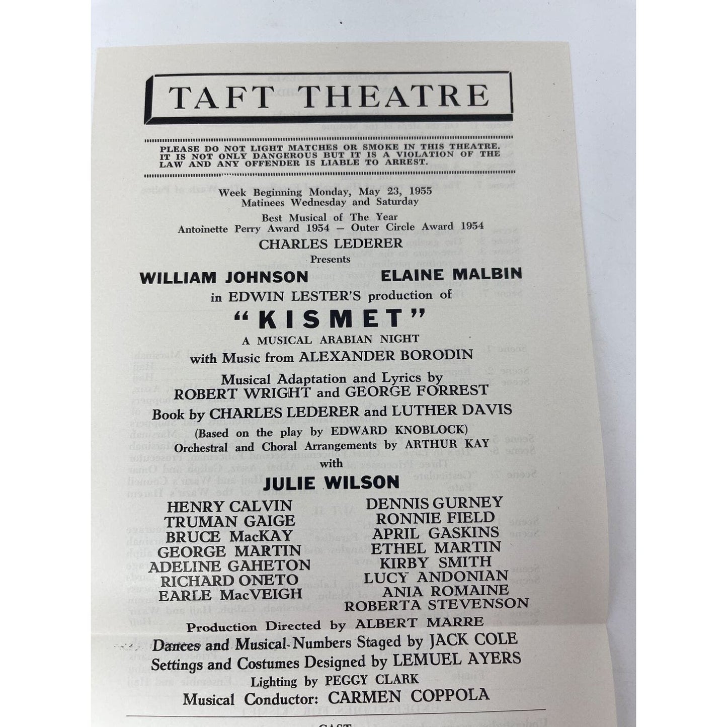 1955 Kismet Playbill and Program Taft Theatre Edwin Lester Julie Wilson