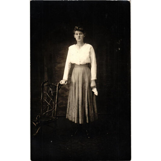 Vintage Real Picture Postcard Young Woman Portrait Handmade Chair Unposted