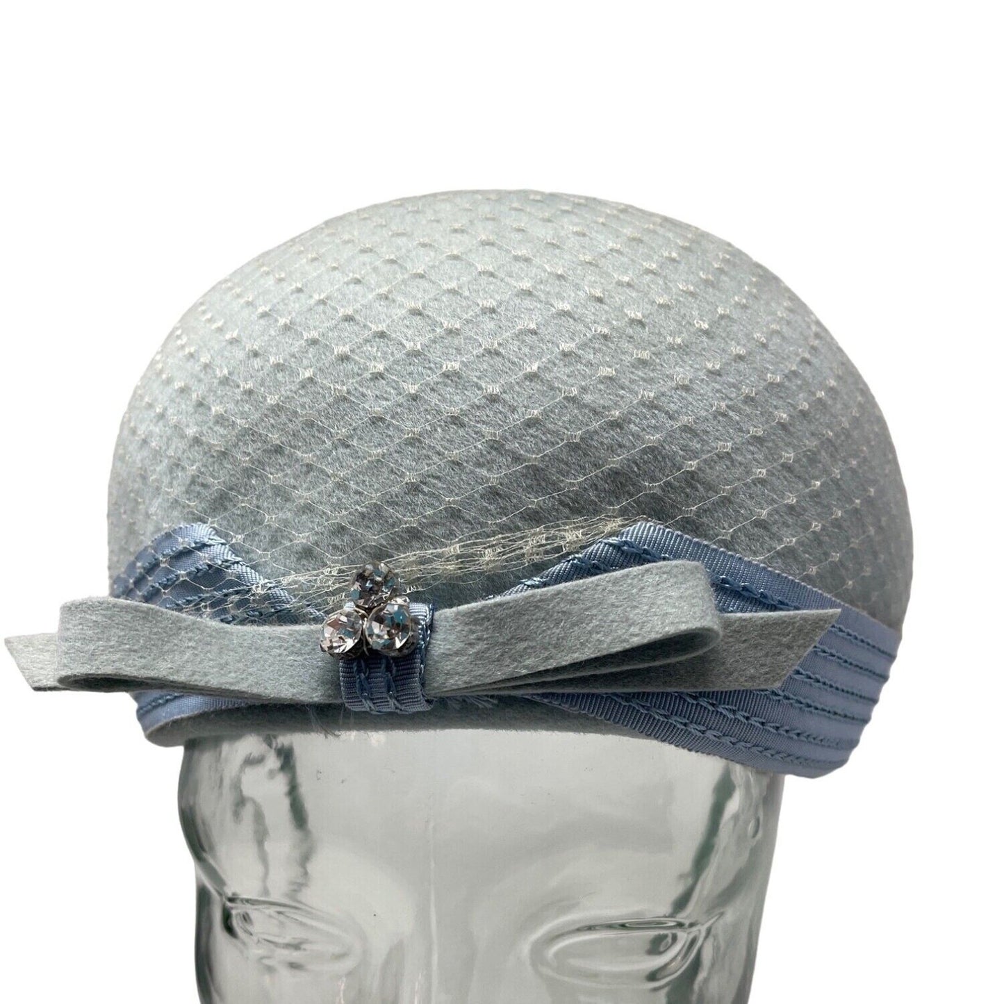 Ritz Henry Pollack Hat Dusty Blue Jewel Bow Band Baby Blue Net Cover Circa 60s